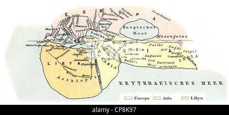 Historische Karte aus dem 19. Jahrhundert, Weltkarte von Herodot von Halikarnassos, 490-480 v. Chr. - um 424 v. Chr. ein Altgriechisch hist Stockfoto