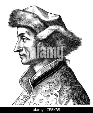 Sebastian Brant, 1457-1521, ein deutscher Jurist, Professor für Rechtswissenschaften, Stadtschreiber von Straßburg, Historische Zeichnung aus Dem 19. Jah Stockfoto