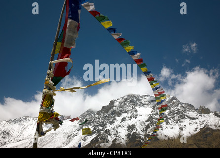 Farbfoto von Gebetsfahnen, die an einem Bergpass im Wind wehen, Mustang, Nepal, Asien, 2011. Stockfoto