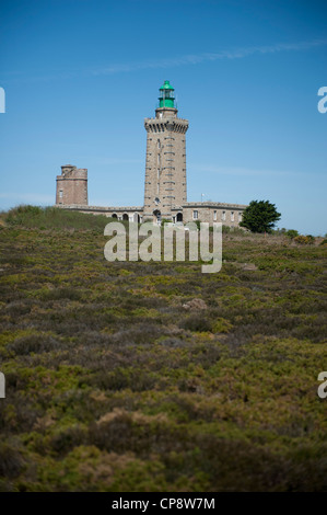 Leuchtturm am Cap Fréhel auf Côte d'Émeraude auf der nördlichen Küste der Bretagne, Frankreich Stockfoto