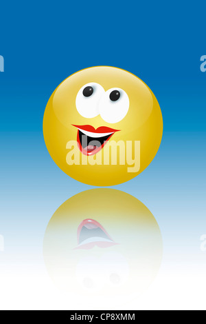 Gelbe Taste mit Smiley-Gesicht vor blauem Hintergrund Stockfoto