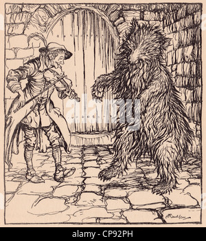 Wenn der Bär die Musik hörte konnte er nicht umhin, beginnen zu tanzen. Illustration von Arthur Rackham aus Grimms Märchen Stockfoto