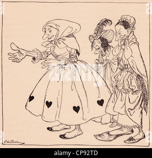 Kamen die drei Frauen in der Stangest Mode gekleidet. Illustration von Arthur Rackham aus Grimms Märchen Stockfoto