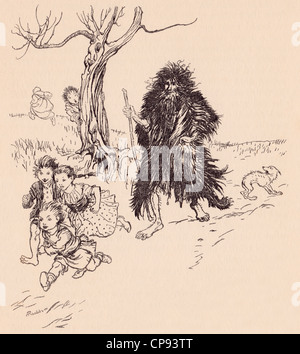 Wer ihn sah, rannte davon. Illustration von Arthur Rackham aus Grimms Märchen Bärenfell. Stockfoto