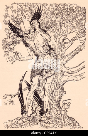 Eine schreckliche Kollegen halb so groß wie der Baum, er stand. Illustration von Arthur Rackham aus Grimms Märchen Stockfoto