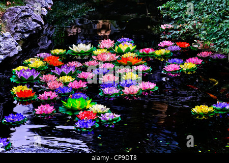 Karpfen Teich bunte künstliche Seerosen Jade Buddha Tempel Jufo Si Shanghai China am meisten berühmten buddhistischen Tempel in Shanghai Stockfoto