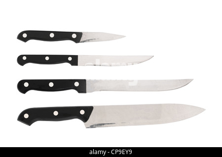 Set von vier Edelstahl Küchenmesser auf weißem Hintergrund Stockfoto