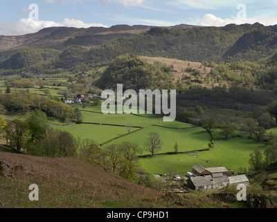 Mit Blick auf das schöne Tal von Borrowdale Weiler Grange und Mulden Farm im englischen Lake District, Cumbria Stockfoto