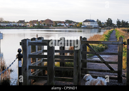 Küssen-Tor am Eingang zum Wanderweg. Pantoffel Mühlenteich. Emsworth. Am frühen Morgen. Shih Tzu Hund. Stockfoto