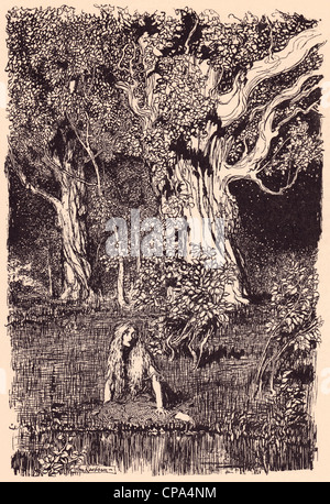 Illustration von Arthur Rackham aus Grimms Märchen die Gänsemagd am Brunnen. Stockfoto