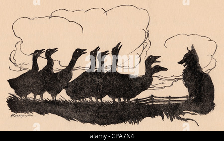 Illustration von Arthur Rackham aus Grimms Märchen, der Fuchs und die Gänse. Stockfoto