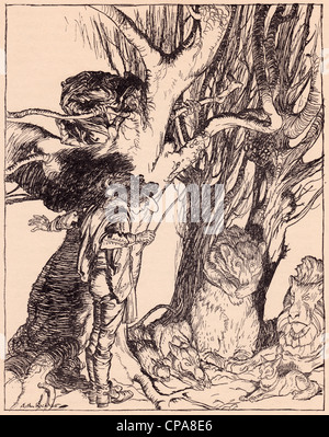 Sofort legte sie noch alle in Stein verwandelt. Illustration von Arthur Rackham aus Grimms Märchen, die beiden Brüder. Stockfoto
