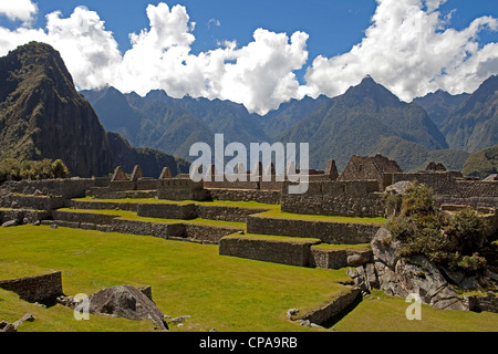 Die terrassenförmig angelegten Inkaruinen von Machu Picchu mit Huaynu Picchu und den Anden hinter sich, in das Heilige Tal Peru am sunse Stockfoto