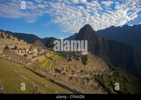 Machu Picchu mit Huaynu Picchu hinter im Heiligen Tal von Peru bei Sonnenaufgang. Stockfoto