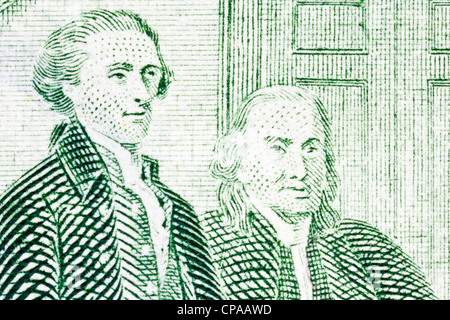 Wilde kolonialen Thomas Jefferson und Benjamin Franklin extreme Makro der zwei Dollarnote. Stockfoto