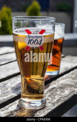 Ein Pint Bier und ein Pint Bier auf Holztisch im Biergarten Stockfoto