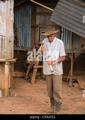 70-80 Jahre alten männlichen kubanischen Tabak Landwirt arbeitet mit seinen Werkzeugen durch seine Schuppen in Viñales, Kuba im westlichen Kuba. Stockfoto