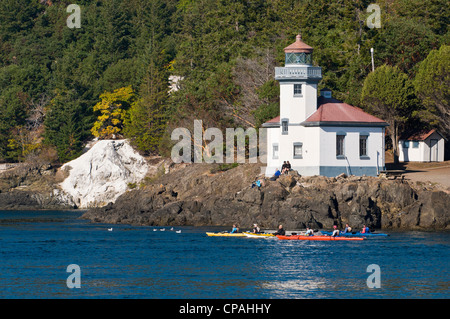 USA, WA, San Juan Inseln. Lime Kiln State Park (Whale Watch Park) anzeigen Orcas durchschreiten Haro Strait Stockfoto