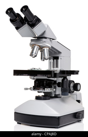 Foto von einem professionellen okuläre Labor Mikroskop mit Stereo-Okular isoliert auf einem weißen Hintergrund. Stockfoto