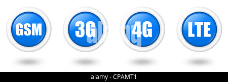 Blaue LTE, 4G, 3G und GSM-Telekommunikation-Icon set mit Schatten Stockfoto