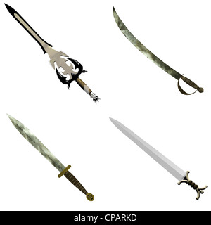 Beispiel für ein Paket von vier 4 verschiedene Schwerter isoliert auf weißem Hintergrund Stockfoto