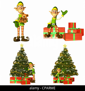 Beispiel für ein Paket von vier 4 Weihnachtswichteln mit Bäumen und Geschenke auf weißem Hintergrund Stockfoto