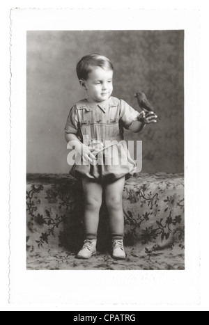 Vintage Foto des jungen in einem Strampler, hält einen Vogel Stockfoto