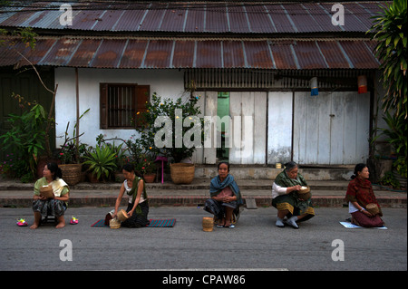 Mönche sammeln Almosen von den lokalen Bewohnern jeden Morgen bei Sonnenaufgang, Luang Prabang, Laos Stockfoto