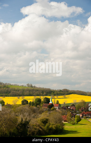 South Harting in West Sussex betrachtet aus dem Norden mit Kirche Spire und Raps Felder und Cumulus-Wolken an einem Frühlingstag Stockfoto