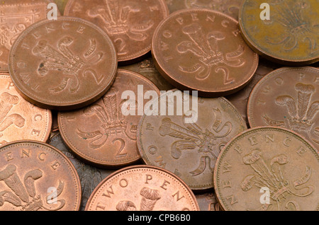 Zwei Pence Münzen. Stockfoto