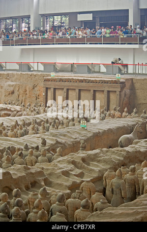 Ein Blick ins Innere der Grube Nr. 1 zeigt die Terrakotta-Armee und den Anzeigebereich für Besucher. Stockfoto
