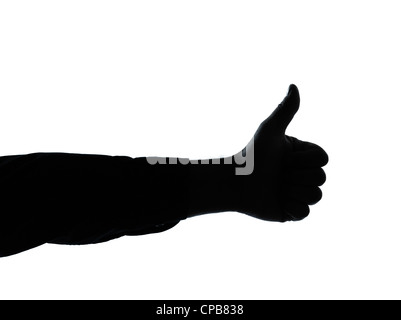 eine kaukasische schließen sich Detail eines Mannes Hand Daumen Geste Silhouette im Studio isoliert auf weißem Hintergrund Stockfoto
