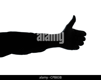 eine kaukasische schließen sich Detail eines Mannes Hand Daumen Geste Silhouette im Studio isoliert auf weißem Hintergrund Stockfoto