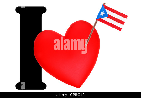 Kleine Flagge auf ein rotes Herz und das Wort ich Liebe für die nationale Flagge von Puerto Rico Stockfoto