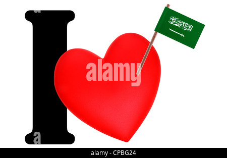 Kleine Flagge auf ein rotes Herz und das Wort ich Liebe für die nationale Flagge von Saudi-Arabien Stockfoto