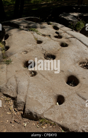 Die gebürtige Amerikanerin schmückt Schleiflöcher mit Mörtelsteinen im Grundgestein im historischen Park Marshall Gold Discovery State in Coloma California Stockfoto