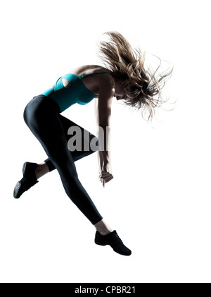Seitenansicht des jungen eine Frau Tänzer springen Segelmachereien Fitness-Workout auf Studio weißen Hintergrund isoliert Stockfoto
