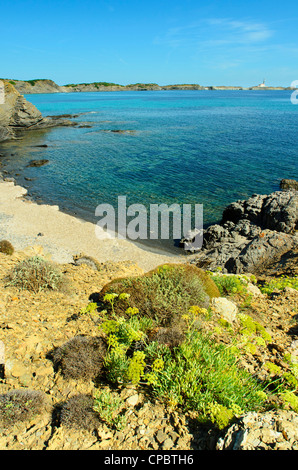 Blick auf den Leuchtturm am Favàritx auf Menorca auf den Balearen, Spanien Stockfoto