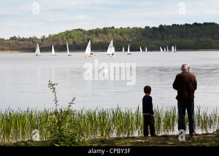 Großvater und Enkel füttern Enten am Frensham Pond mit Segelbooten auf See Stockfoto