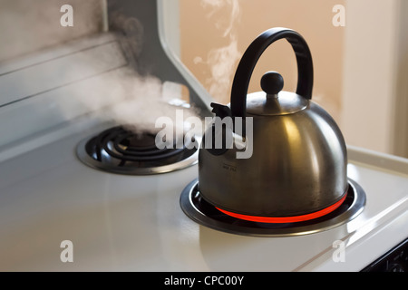 Kochfeld Edelstahl Wasserkocher zum Kochen auf einem weißen kommen. Stockfoto