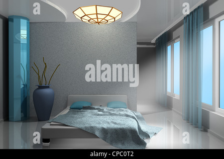 Schön leer moderne Schlafzimmer mit Spiegelsäule und zwei Fenstern Stockfoto