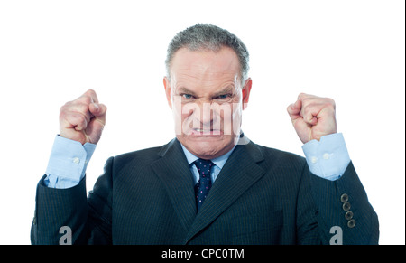Frustriert senior Geschäftsmann auf weißem Hintergrund Stockfoto