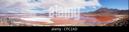 Panorama des roten Lagune oder Laguna Colorada, auf dem Altiplano in der Nähe von Uyuni innen Eduardo Avaroa Nationalreservat in Bolivien. Stockfoto