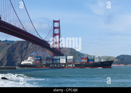 Eingabe der San Francisco Bay Horizontlinien Frachtschiff Stockfoto