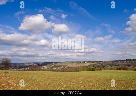 Blick über Nalisworth Tal mit Blick auf Rodborough häufig, in der Nähe von Stroud, Gloucestershire, Cotswolds, UK Stockfoto