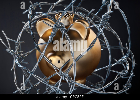 Eine goldene Sparschwein mit einer Krone ist von Stacheldraht umgeben. Stockfoto