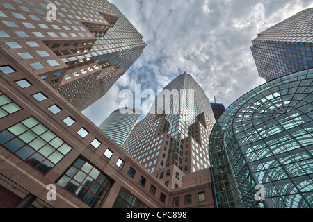 Von links nach rechts, AT&T Gebäude, Goldman Sachs, American Express Tower, zwei World Financial Center in Manhattan, New York City Stockfoto