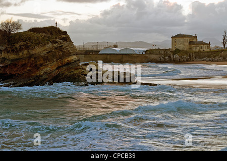 Strand genannt Camel von pareidolia aus einem Felsen, die auf der niedrigen Meere in der Stadt Santander, Kantabrien, Spanien, Europa wird angezeigt Stockfoto