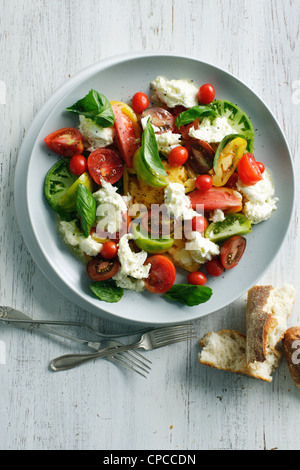 Schüssel Salat mit Tomaten und Käse Stockfoto