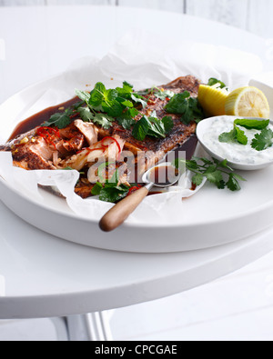 Teller mit marokkanischen Lachs mit Joghurt Stockfoto